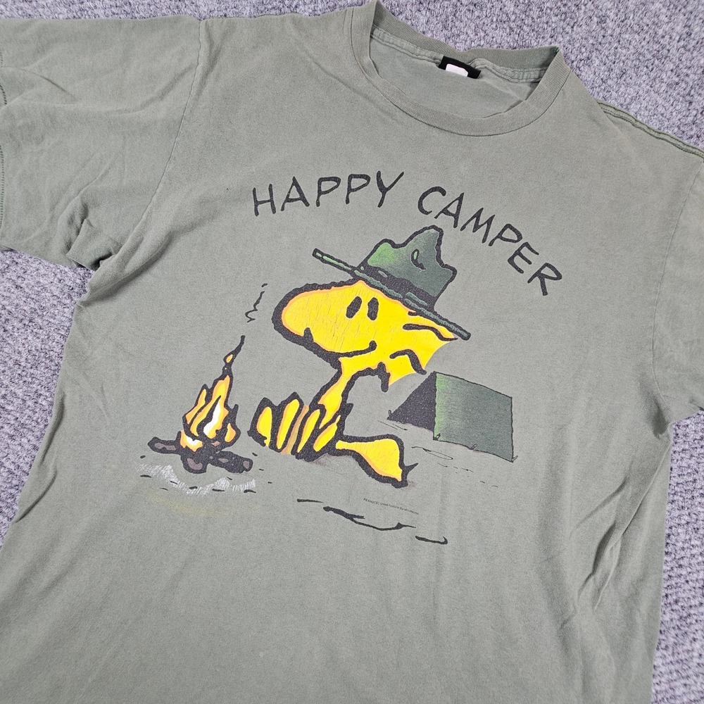Vtg Peanuts Woodstock Happy Camper T-Shirt Changes Olive Green XL Single Stitch
